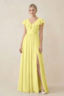 Cap Sleeve A-Line Ruffled Chiffon Bridesmaid Dress in Buttercup - KissProm BRIDESMAID DRESSES