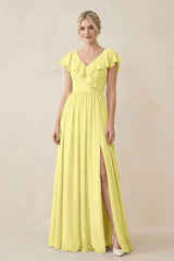 Cap Sleeve A-Line Ruffled Chiffon Bridesmaid Dress in Buttercup - KissProm BRIDESMAID DRESSES