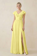 Cap Sleeve A-Line Ruffled Chiffon Bridesmaid Dress in Buttercup - KissProm BRIDESMAID DRESSES