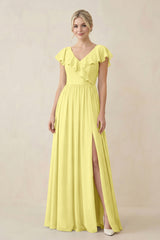 Cap Sleeve A-Line Ruffled Chiffon Bridesmaid Dress in Buttercup - KissProm BRIDESMAID DRESSES