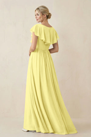 Cap Sleeve A-Line Ruffled Chiffon Bridesmaid Dress in Buttercup - KissProm BRIDESMAID DRESSES