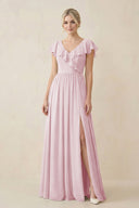 Cap Sleeve A-Line Ruffled Chiffon Bridesmaid Dress in Candy Pink - KissProm BRIDESMAID DRESSES