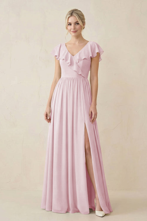 Cap Sleeve A-Line Ruffled Chiffon Bridesmaid Dress in Candy Pink - KissProm BRIDESMAID DRESSES