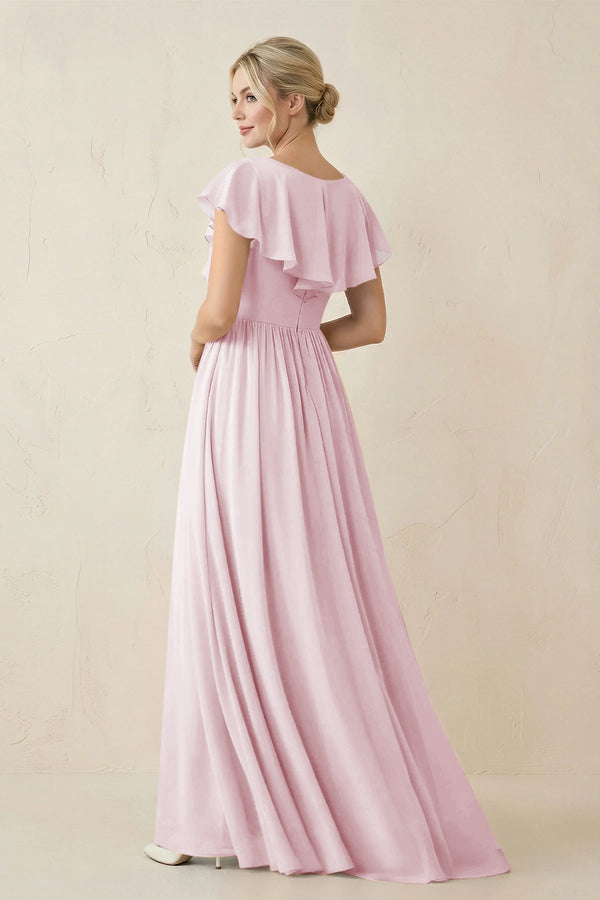 Cap Sleeve A-Line Ruffled Chiffon Bridesmaid Dress in Candy Pink - KissProm BRIDESMAID DRESSES