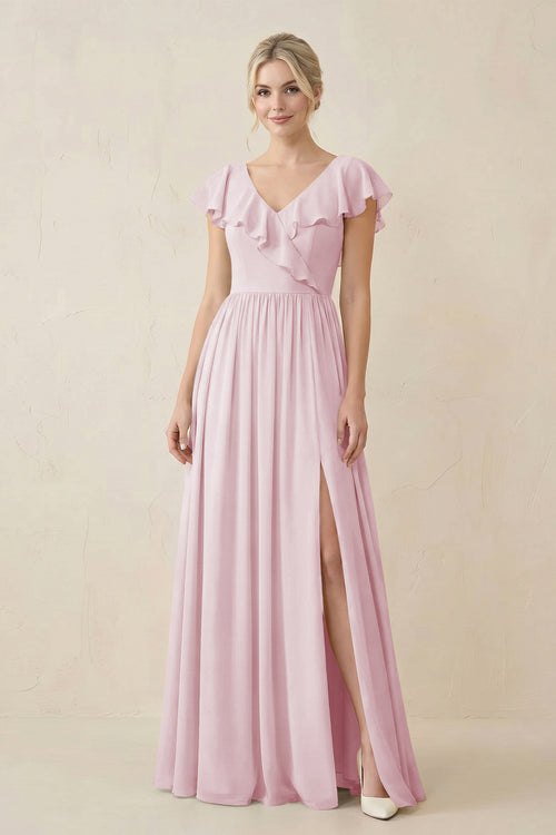 Cap Sleeve A-Line Ruffled Chiffon Bridesmaid Dress in Candy Pink - KissProm BRIDESMAID DRESSES
