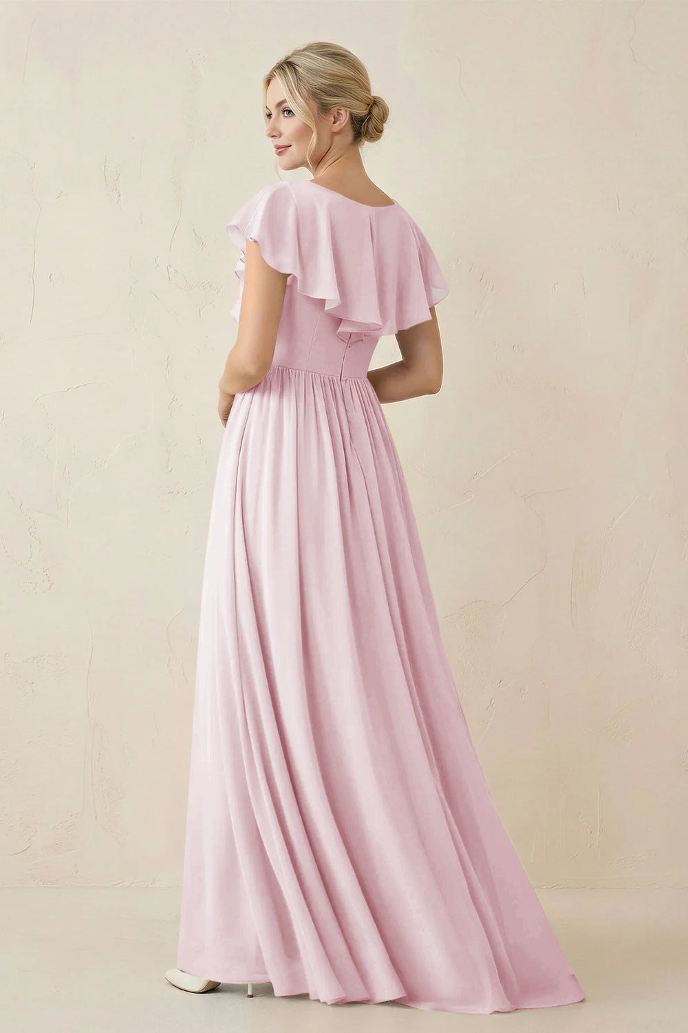 Cap Sleeve A-Line Ruffled Chiffon Bridesmaid Dress in Candy Pink - KissProm BRIDESMAID DRESSES