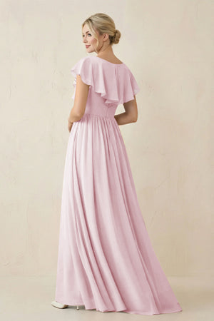 Cap Sleeve A-Line Ruffled Chiffon Bridesmaid Dress in Candy Pink - KissProm BRIDESMAID DRESSES