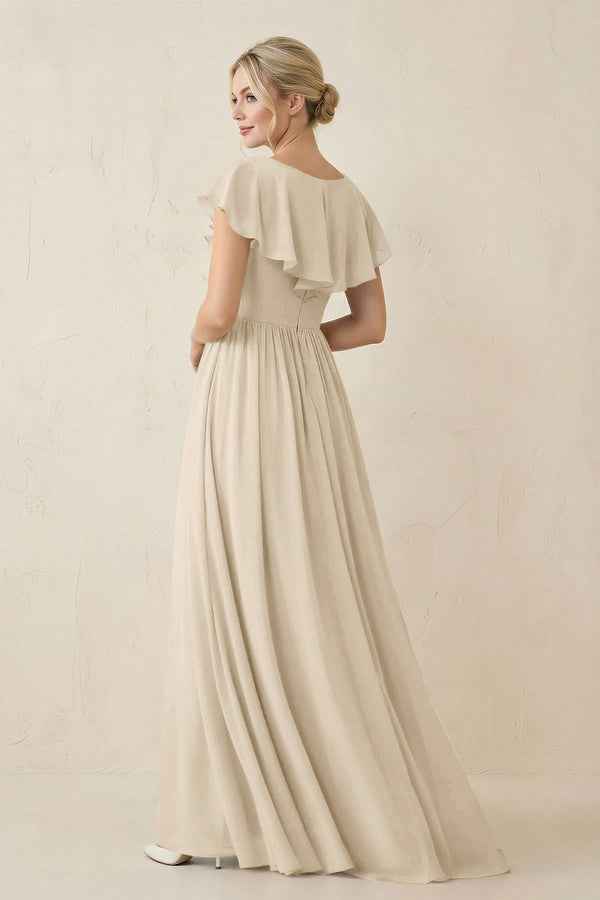 Cap Sleeve A-Line Ruffled Chiffon Bridesmaid Dress in Champagne - KissProm BRIDESMAID DRESSES