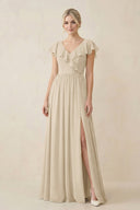 Cap Sleeve A-Line Ruffled Chiffon Bridesmaid Dress in Champagne - KissProm BRIDESMAID DRESSES
