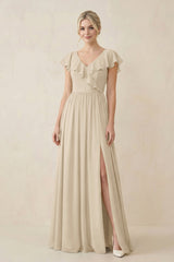 Cap Sleeve A-Line Ruffled Chiffon Bridesmaid Dress in Champagne - KissProm BRIDESMAID DRESSES