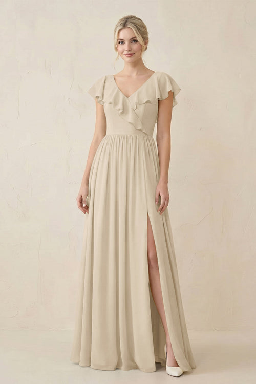 Cap Sleeve A-Line Ruffled Chiffon Bridesmaid Dress in Champagne - KissProm BRIDESMAID DRESSES
