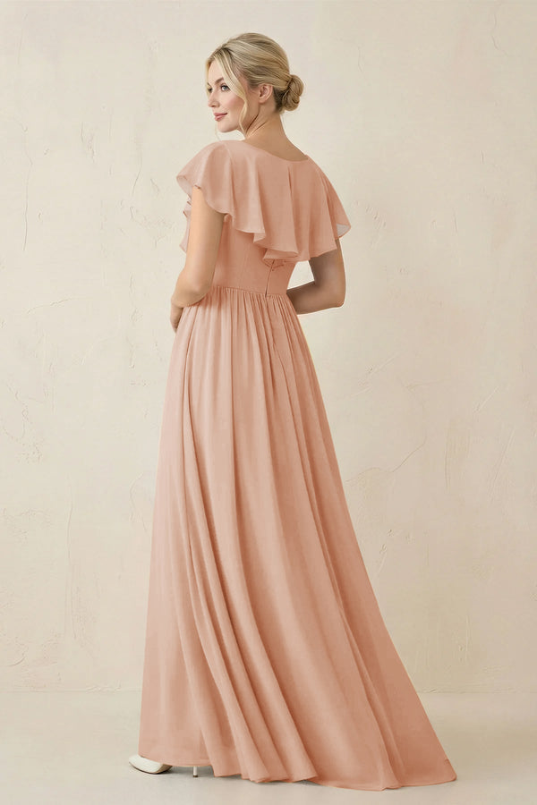 Cap Sleeve A-Line Ruffled Chiffon Bridesmaid Dress in Champagne Rose - KissProm BRIDESMAID DRESSES