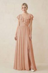 Cap Sleeve A-Line Ruffled Chiffon Bridesmaid Dress in Champagne Rose - KissProm BRIDESMAID DRESSES