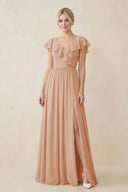 Cap Sleeve A-Line Ruffled Chiffon Bridesmaid Dress in Champagne Rose - KissProm BRIDESMAID DRESSES