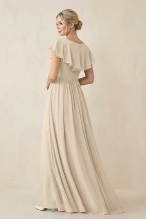 Cap Sleeve A-Line Ruffled Chiffon Bridesmaid Dress in Champagne - KissProm BRIDESMAID DRESSES