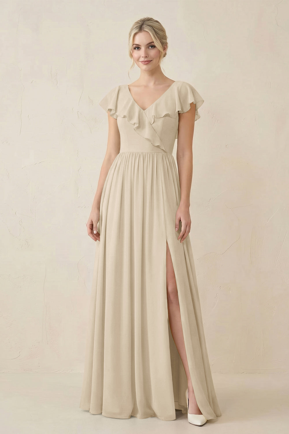 Cap Sleeve A-Line Ruffled Chiffon Bridesmaid Dress in Champagne - KissProm BRIDESMAID DRESSES