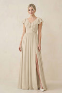 Cap Sleeve A-Line Ruffled Chiffon Bridesmaid Dress in Champagne - KissProm BRIDESMAID DRESSES