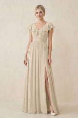 Cap Sleeve A-Line Ruffled Chiffon Bridesmaid Dress in Champagne - KissProm BRIDESMAID DRESSES