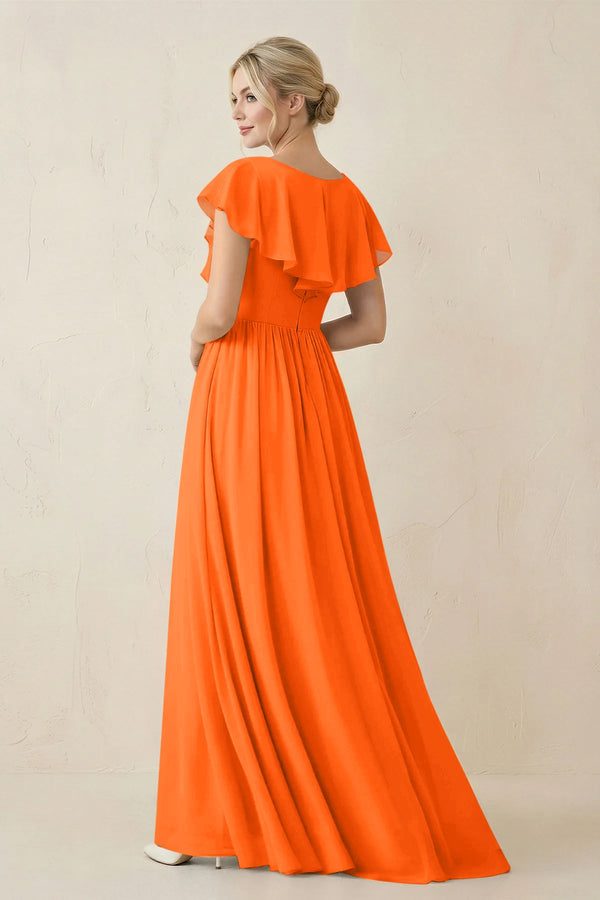 Cap Sleeve A-Line Ruffled Chiffon Bridesmaid Dress in Cinnamon - KissProm BRIDESMAID DRESSES