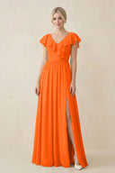 Cap Sleeve A-Line Ruffled Chiffon Bridesmaid Dress in Cinnamon - KissProm BRIDESMAID DRESSES