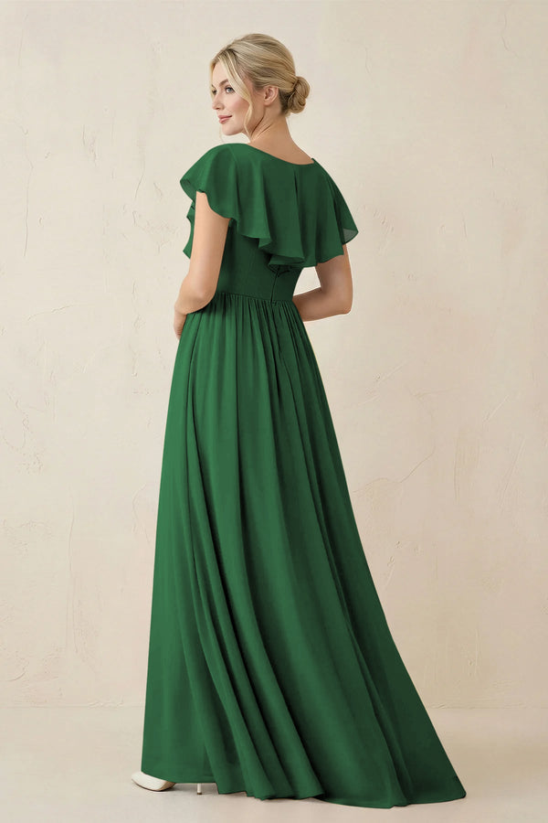 Cap Sleeve A-Line Ruffled Chiffon Bridesmaid Dress in Dark Green - KissProm BRIDESMAID DRESSES