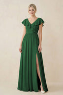 Cap Sleeve A-Line Ruffled Chiffon Bridesmaid Dress in Dark Green - KissProm BRIDESMAID DRESSES