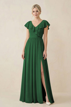 Cap Sleeve A-Line Ruffled Chiffon Bridesmaid Dress in Dark Green - KissProm BRIDESMAID DRESSES