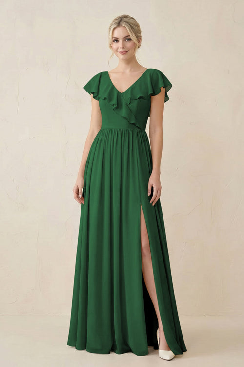 Cap Sleeve A-Line Ruffled Chiffon Bridesmaid Dress in Dark Green - KissProm BRIDESMAID DRESSES