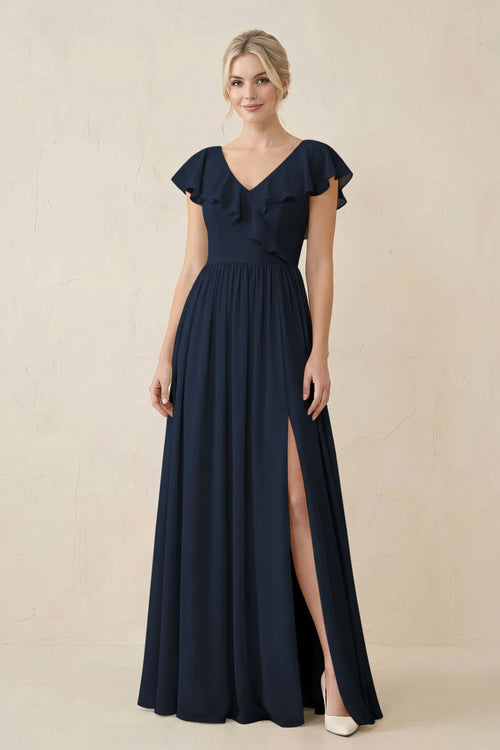 Cap Sleeve A-Line Ruffled Chiffon Bridesmaid Dress in Dark Navy - KissProm BRIDESMAID DRESSES