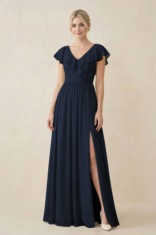 Cap Sleeve A-Line Ruffled Chiffon Bridesmaid Dress in Dark Navy - KissProm BRIDESMAID DRESSES