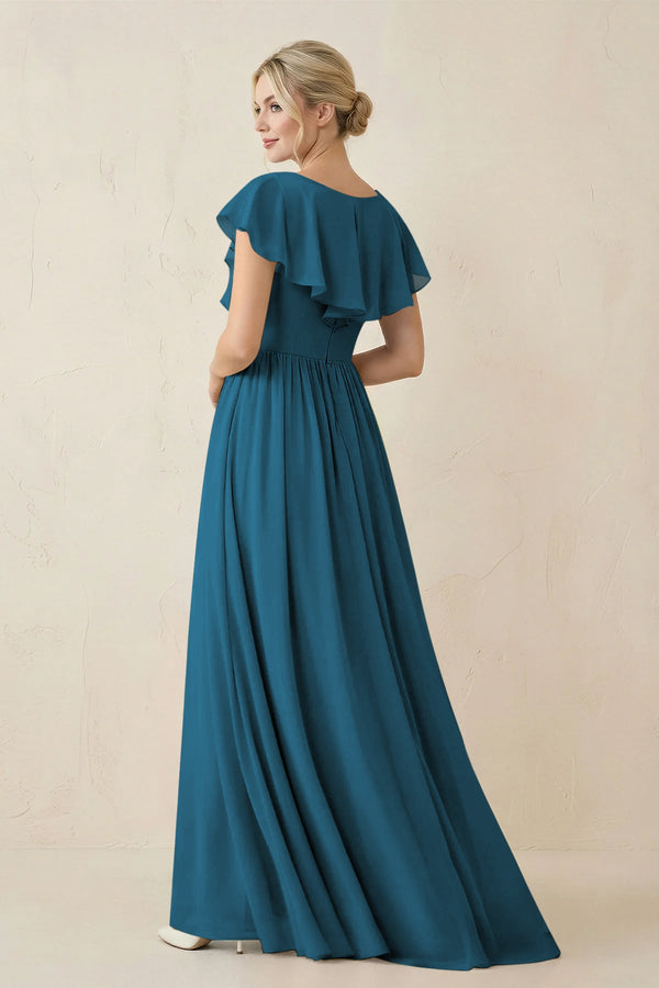 Cap Sleeve A-Line Ruffled Chiffon Bridesmaid Dress in Dark Teal - KissProm BRIDESMAID DRESSES