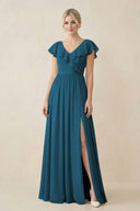 Cap Sleeve A-Line Ruffled Chiffon Bridesmaid Dress in Dark Teal - KissProm BRIDESMAID DRESSES