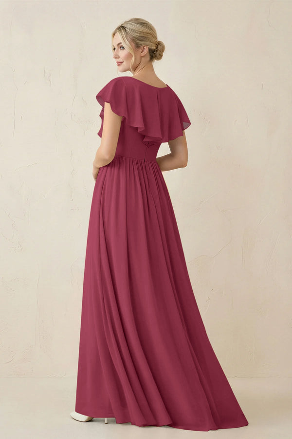 Cap Sleeve A-Line Ruffled Chiffon Bridesmaid Dress in Desert Rose - KissProm BRIDESMAID DRESSES