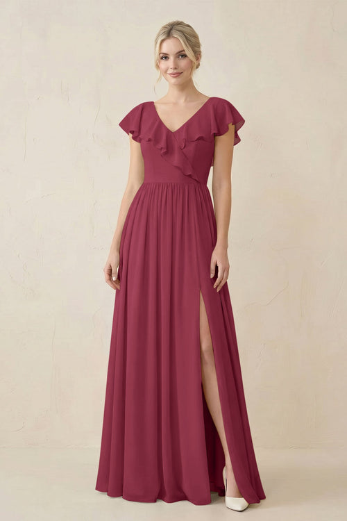Cap Sleeve A-Line Ruffled Chiffon Bridesmaid Dress in Desert Rose - KissProm BRIDESMAID DRESSES
