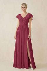 Cap Sleeve A-Line Ruffled Chiffon Bridesmaid Dress in Desert Rose - KissProm BRIDESMAID DRESSES