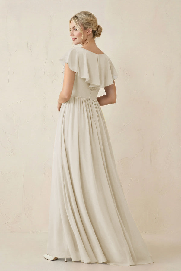 Cap Sleeve A-Line Ruffled Chiffon Bridesmaid Dress in Dove Gray - KissProm BRIDESMAID DRESSES