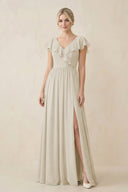 Cap Sleeve A-Line Ruffled Chiffon Bridesmaid Dress in Dove Gray - KissProm BRIDESMAID DRESSES