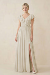 Cap Sleeve A-Line Ruffled Chiffon Bridesmaid Dress in Dove Gray - KissProm BRIDESMAID DRESSES