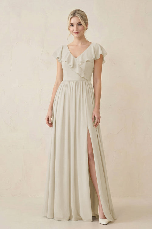 Cap Sleeve A-Line Ruffled Chiffon Bridesmaid Dress in Dove Gray - KissProm BRIDESMAID DRESSES