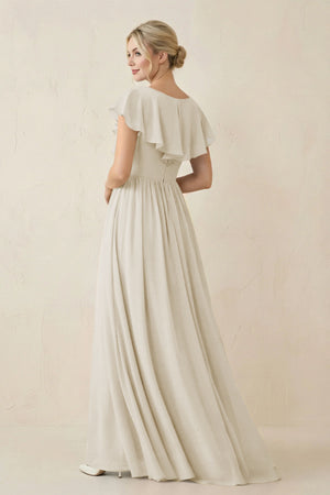 Cap Sleeve A-Line Ruffled Chiffon Bridesmaid Dress in Dove Gray - KissProm BRIDESMAID DRESSES