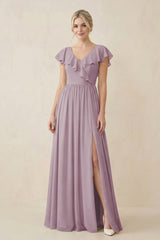 Cap Sleeve A-Line Ruffled Chiffon Bridesmaid Dress in Dusk - KissProm BRIDESMAID DRESSES