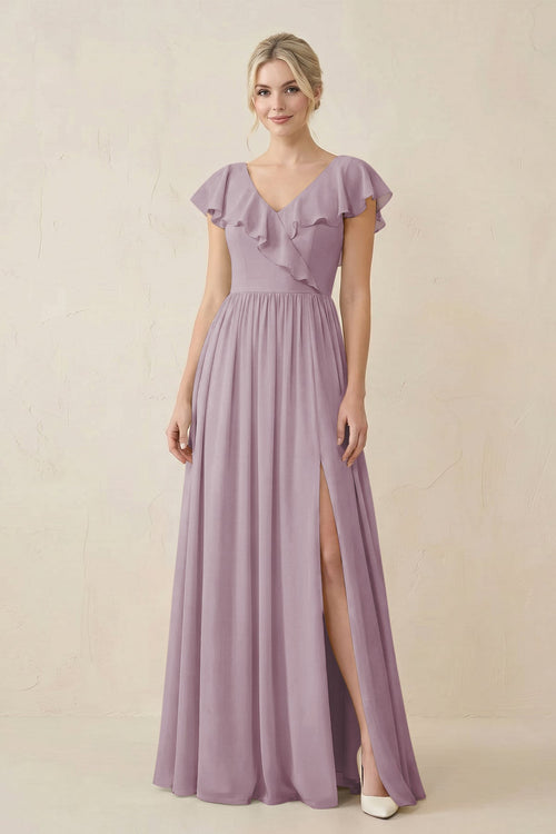 Cap Sleeve A-Line Ruffled Chiffon Bridesmaid Dress in Dusk - KissProm BRIDESMAID DRESSES