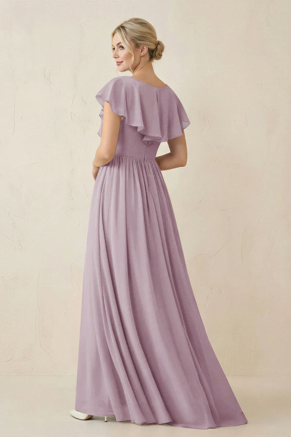 Cap Sleeve A-Line Ruffled Chiffon Bridesmaid Dress in Dusk - KissProm BRIDESMAID DRESSES