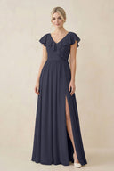 Cap Sleeve A-Line Ruffled Chiffon Bridesmaid Dress in Dusk Blue - KissProm BRIDESMAID DRESSES