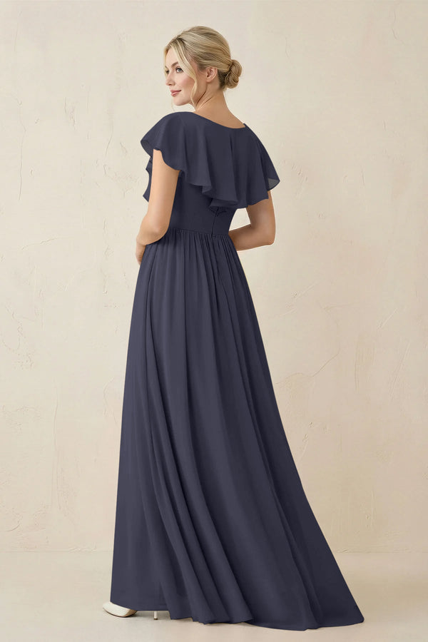 Cap Sleeve A-Line Ruffled Chiffon Bridesmaid Dress in Dusk Blue - KissProm BRIDESMAID DRESSES