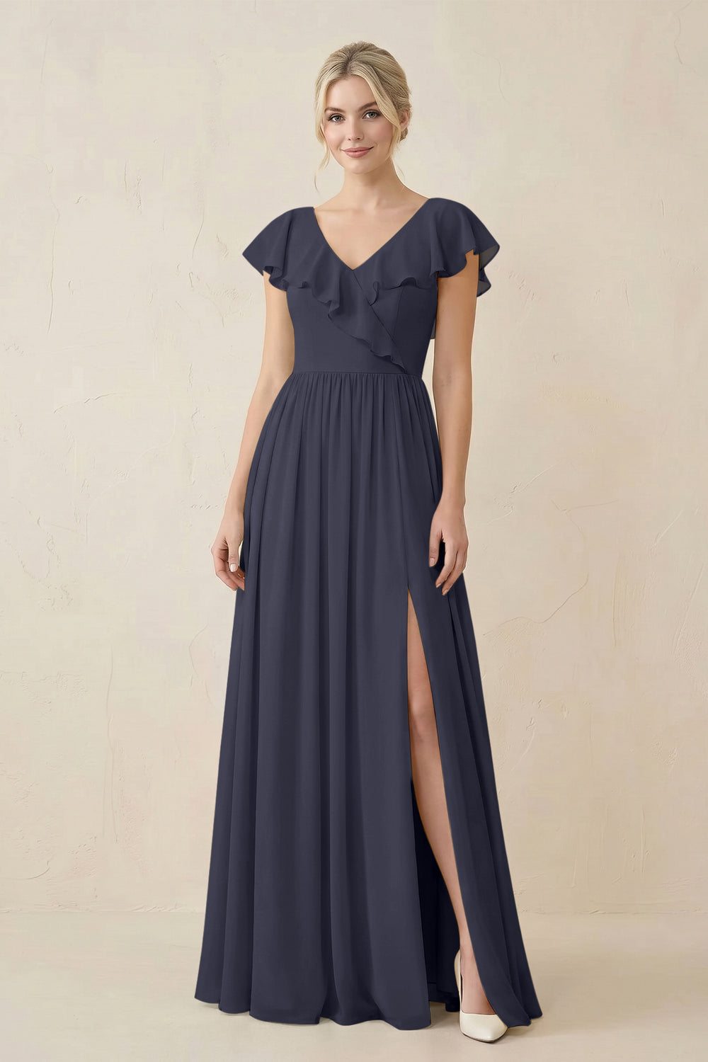 Cap Sleeve A-Line Ruffled Chiffon Bridesmaid Dress in Dusk Blue - KissProm BRIDESMAID DRESSES