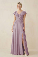 Cap Sleeve A-Line Ruffled Chiffon Bridesmaid Dress in Dusk - KissProm BRIDESMAID DRESSES