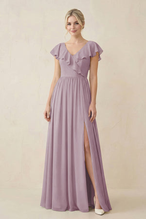 Cap Sleeve A-Line Ruffled Chiffon Bridesmaid Dress in Dusk - KissProm BRIDESMAID DRESSES