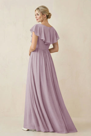 Cap Sleeve A-Line Ruffled Chiffon Bridesmaid Dress in Dusk - KissProm BRIDESMAID DRESSES