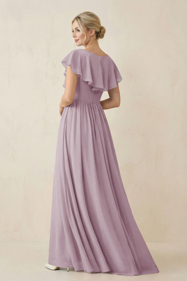 Cap Sleeve A-Line Ruffled Chiffon Bridesmaid Dress in Dusk - KissProm BRIDESMAID DRESSES
